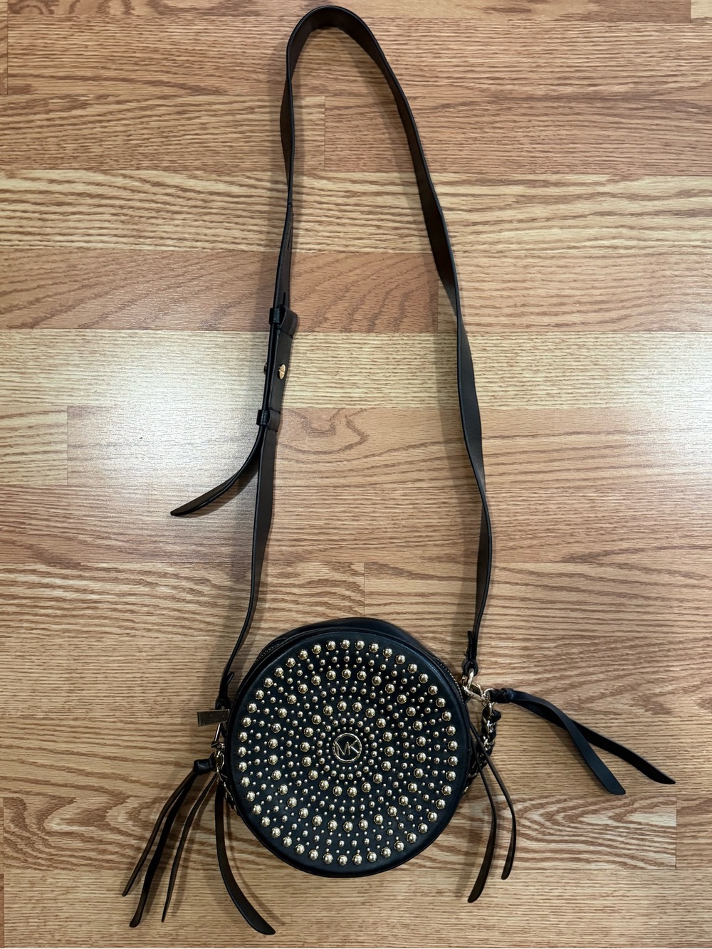 Michael Kors Black Round Crossbody Bag with Gold Stud Accents